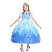 Girl Princess Costume Cinderella Bubble Sleeve Fancy Birthday Party Role Play Dress